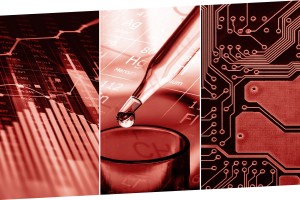 image of data and graphs, a drop of liquid and a chemistry beaker, and a computer chip for cover art of IP and the U.S. Economy report