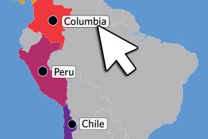 map of section of south America highlighting Columbia, Peru and Chile, with location dots, names and a cursor overlaid.