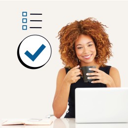 A women sits behind a computer. A symbol of a check list is floating above her.