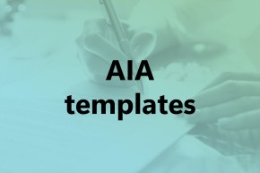 : Overlaid text reading “AIA templates” on a cool-toned background of hands writing with a pen on a document.
