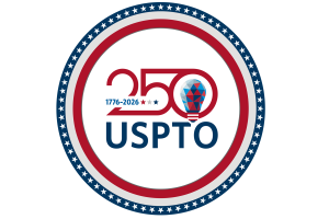 A logo featuring a red “250” above a blue “U-S-P-T-O.” The zero encircles a red and blue lightbulb. Small text reading “1776-2026” overlays the logo. The entire logo is surrounded by three rings, which are red, white, and blue with white stars. 